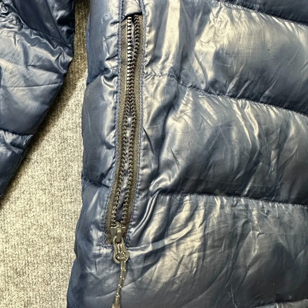 Adidas Mens Puffer Jacket Navy Blue Quilted Hooded Full Zip Three Stripe Size M
